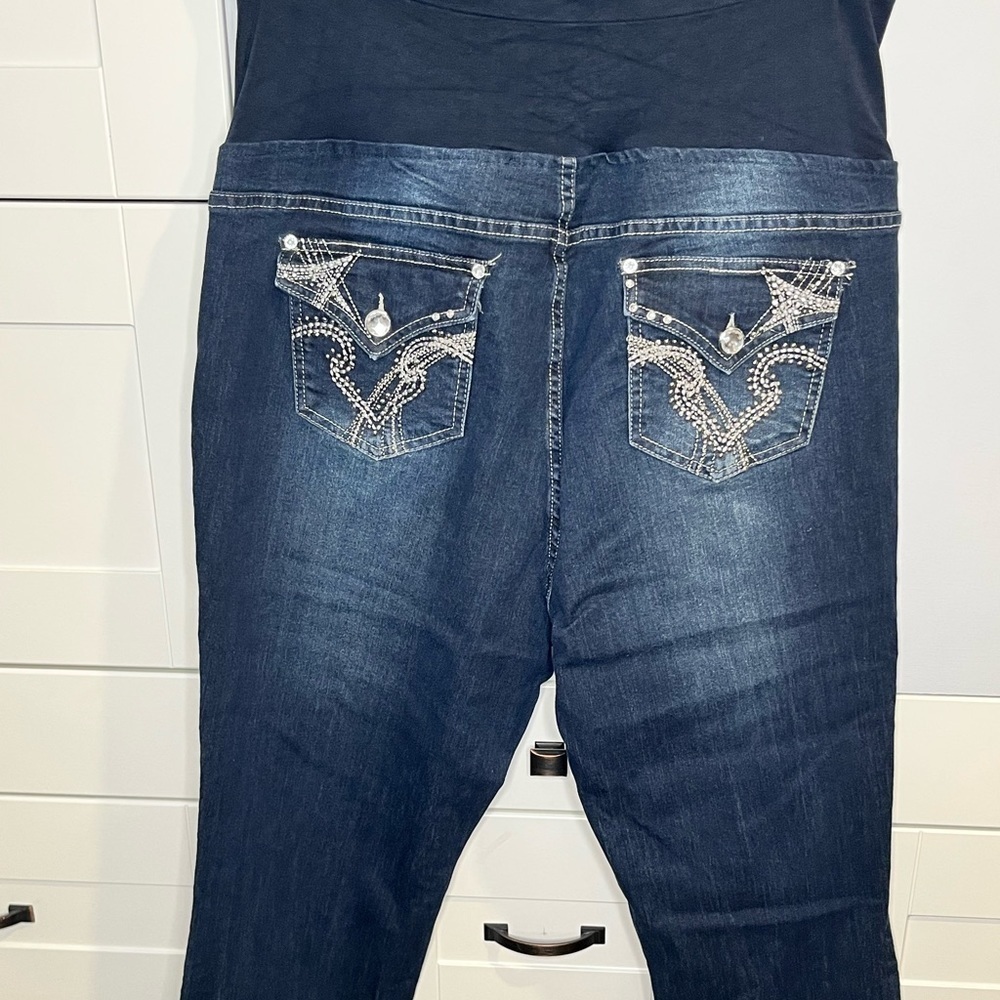 Tala. Maternity boot cut dark wash jeans. Jewels Sparkly. 3X Stretch Full belly